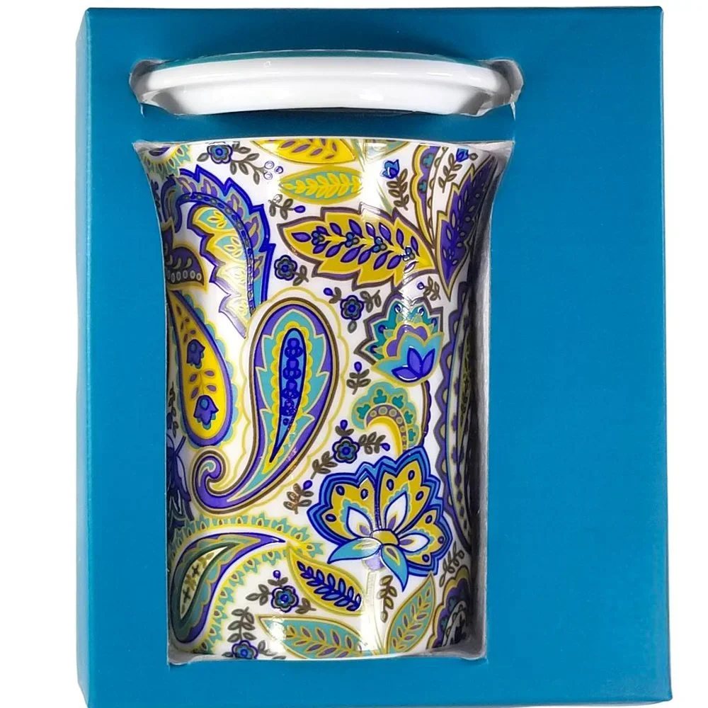 Lidded Tall 8oz Coffee Mug Gift Box Porcelain Blue/Yellow Paisley Floral B&N Mug - Picture 6 of 12